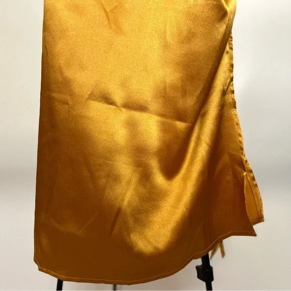 Mustard Midi Spaghetti Strap Bodycon Drawstring Ruched Side Slit Dress| Small - Picture 10 of 11